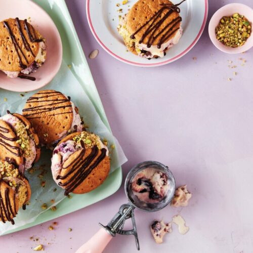 Cherry swirl choc ice cream sandwiches
