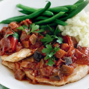 Chicken, eggplant and capsicum bake with cauliflower mash