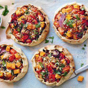 Lentil, roasted pumpkin and ricotta open pies