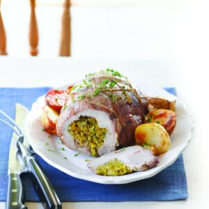 Roast pork with herb and apricot stuffing