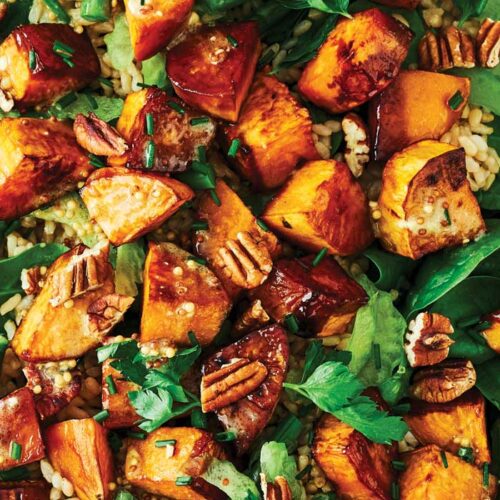 Roasted sweet potato, pecan and brown rice salad