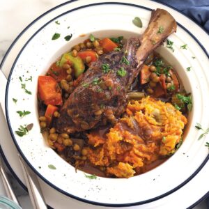 Slow-cooked lamb shanks with sweet potato mash