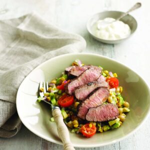 Sumac lamb with corn and chickpea salad