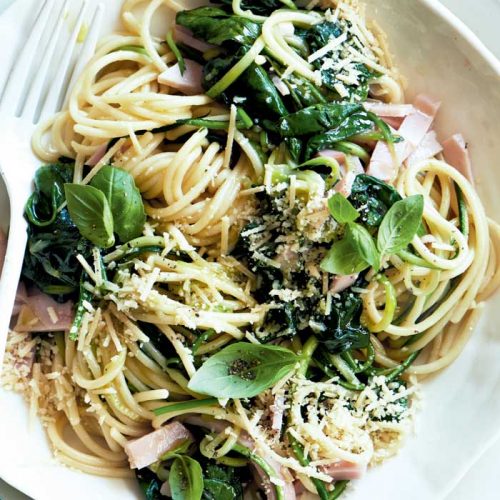 Speedy spinach and ham linguine